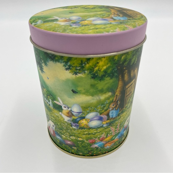 Vintage 1991 Easter Tin Bunnies Eggs 90s Twee Home Decor Storage Kawaii Metal 5" - Picture 1 of 14